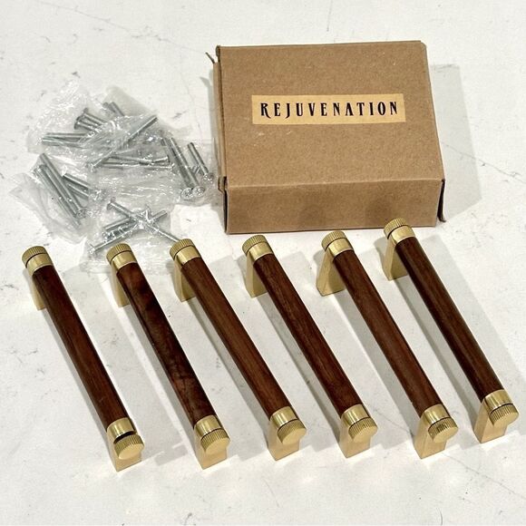 Rejuvenation West Slope Drawer Pull Walnut Wood and Aged Brass 4" C105370 - Picture 2 of 7